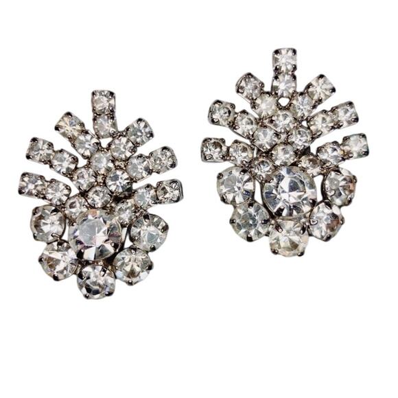 Vintage Rhinestone Clip-On Earrings, Silver-Tone Sparkly Blingy Mid-Century Glam - Picture 1 of 4